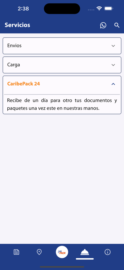 Pantalla de la aplicación móvil Caribe Pack mostrando opciones de envío y entrega al día siguiente.