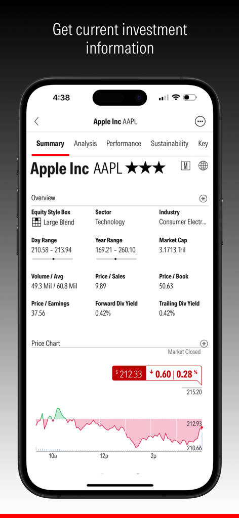 Morningstar Investor - Morningstar Investor app showing Apple Inc stock summary with star ratings and financial data