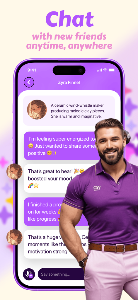 렉실 앱 인터페이스로, AI 캐릭터와 친근한 채팅 대화를 보여줍니다.