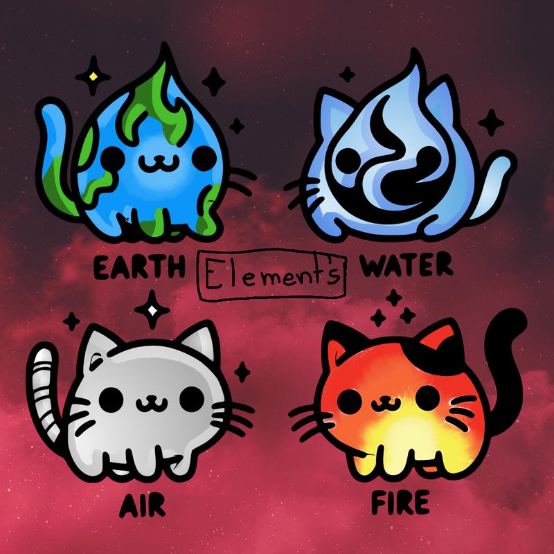 4 cats that represent the different elements, earth, water, air, and fire