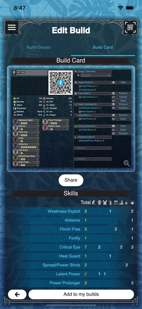 GameCat: MHW - Detailed Monster Hunter World character build card showing skills and equipment stats in the GameCat app.