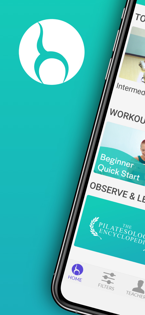 Pilatesology app home screen displaying beginner workouts and teacher resources
