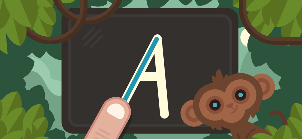A child traces the letter A on a digital chalkboard featuring a cartoon monkey mascot in the Sprotarnir app