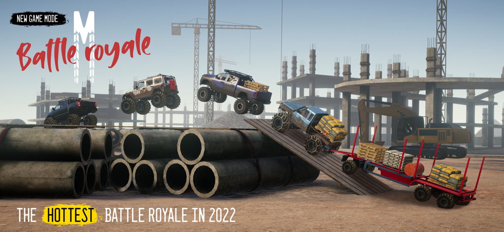 Camiones monstruo compitiendo en un modo de juego battle royale en un sitio de construcción con tuberías y rampas grandes.