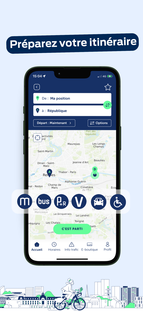 Smartphone screen showing the STAR app route planner for bus metro and bike transport in Rennes