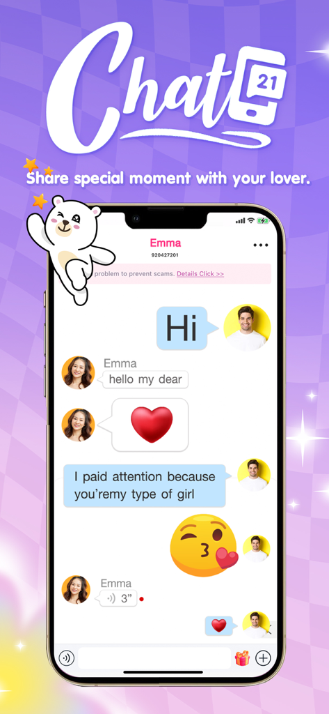 Callplay - Live & Video Call - Screenshot of the Callplay app chat feature showing a private message conversation with emojis and voice notes