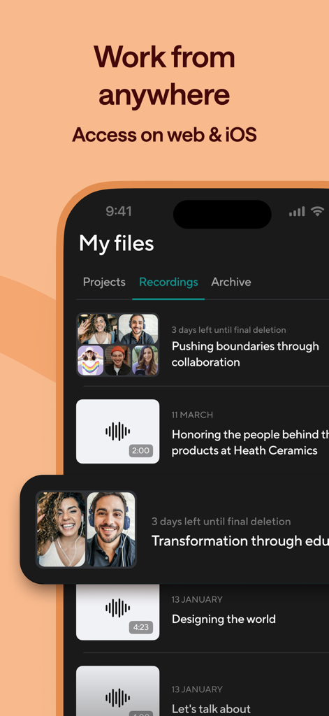 Podcastle: Podcast Recordings - Podcastle mobile app screen showing a list of podcast recordings and projects.