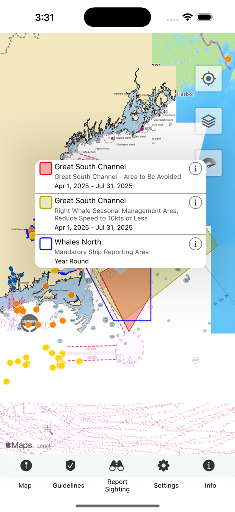 Whale Alert - Whale Alert app nautical map showing seasonal management areas and vessel speed limit notifications