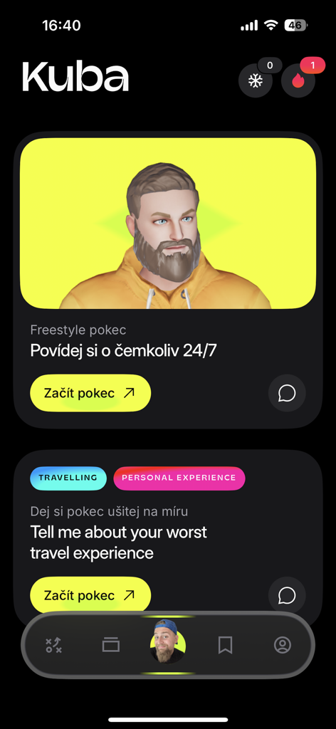 Interface de l'application d'apprentissage Kuba English montrant des sujets de conversation IA et un avatar