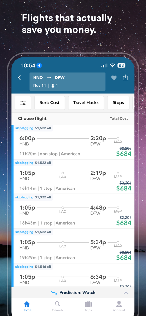 Skiplagged app displaying cheap flight search results with travel hacks and significant savings from Haneda to Dallas