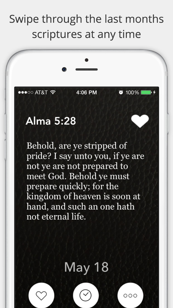 LDS Daily Scriptures - Inspirations from the book of mormon, spiritual bread - A smartphone screen displaying a daily scripture verse from the Book of Mormon with options to favorite or set a reminder.