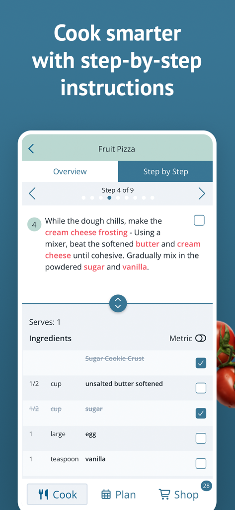 Plan to Eat app screen showing step-by-step recipe instructions for a fruit pizza.
