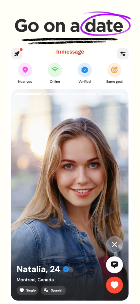 InMessage app interface showing a user profile with filters for nearby online and verified users for dating.