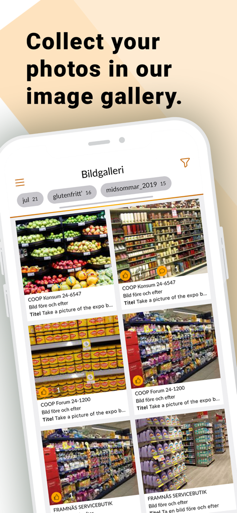 Genero Sales app image gallery displaying retail store shelf photos and category tags.