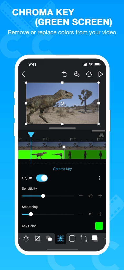 Uso de la función de pantalla verde de clave de croma en la aplicación Cute CUT para añadir un dinosaurio a una escena de vídeo del desierto