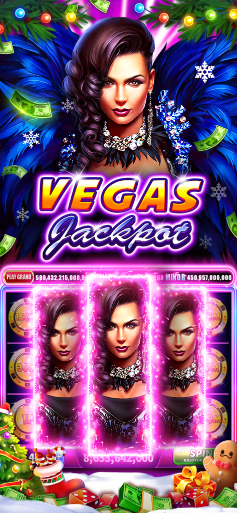 Jackpot Wins - Slots Casino - Una glamurosa mujer con plumas azules en una pantalla de máquina tragamonedas de Vegas de temática festiva.