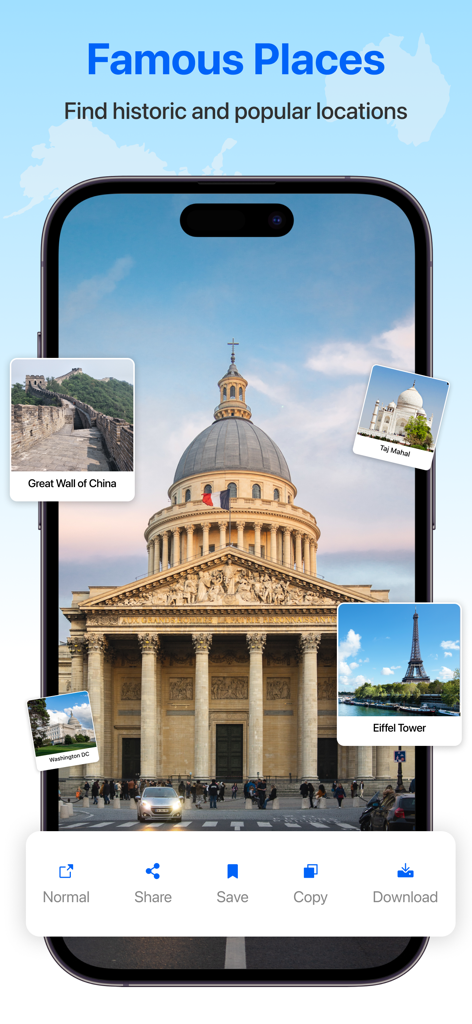 GPS Maps & Voice Navigation - GPS navigation app screen showing famous global landmarks and historic places
