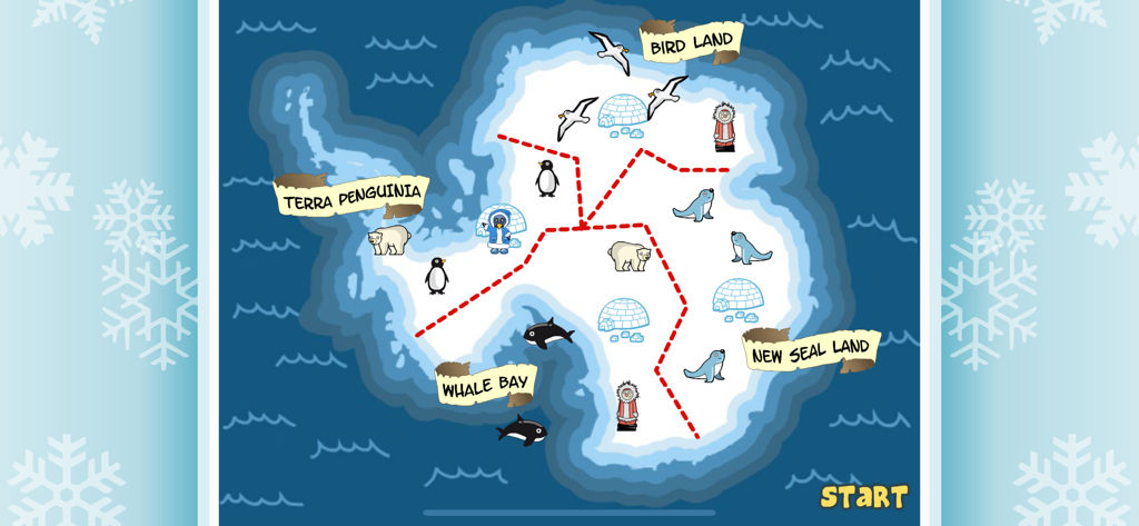 Mapa de aventura de la Antártida que muestra diferentes regiones del juego como Terra Penguinia y Whale Bay en Penguin Diner 2