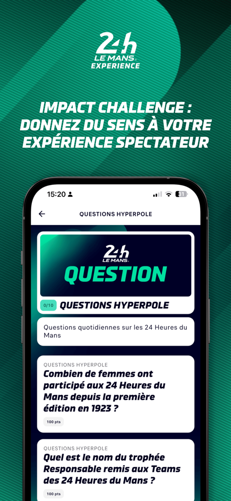 Capture d'écran de l'application 24h Experience montrant la section quiz Impact Challenge avec des questions sur les 24 Heures du Mans