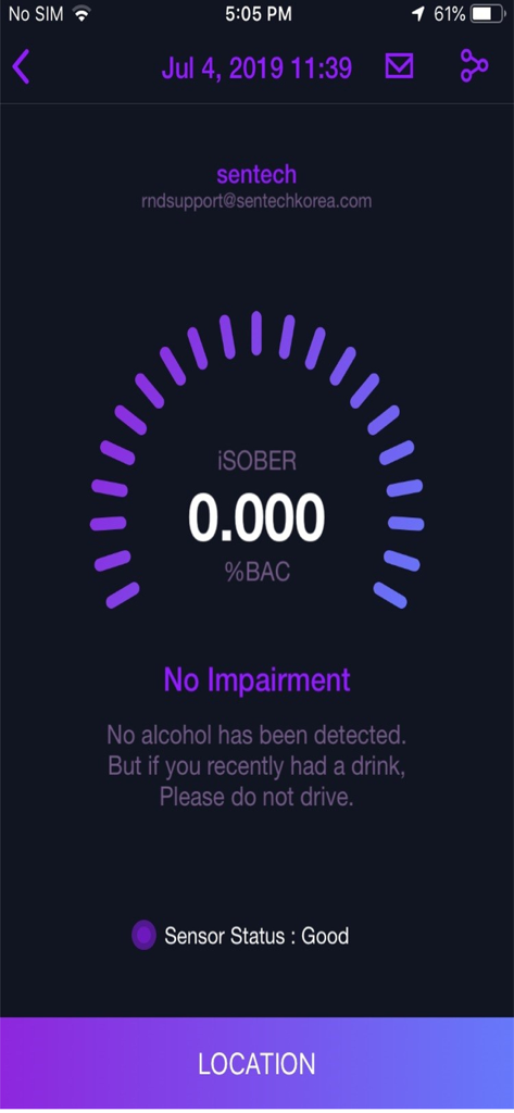 i-SOBER app screen showing 0.000 percent BAC and no impairment status