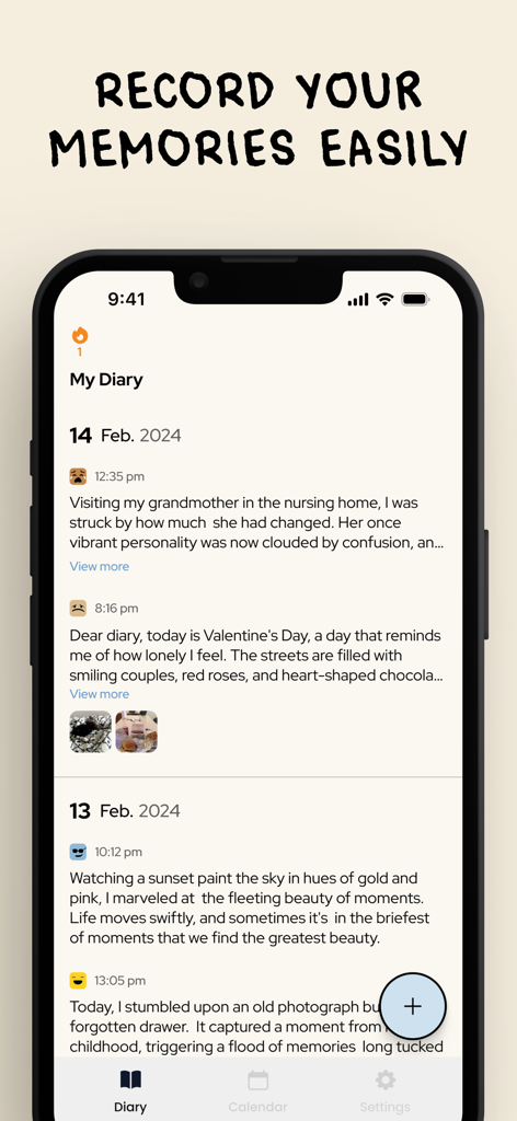 Pantalla de smartphone que muestra una aplicación de diario personal con entradas de texto cronológicas y emojis de estado de ánimo