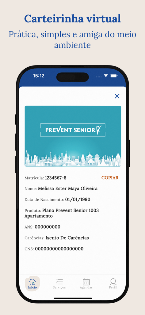 Pantalla de la tarjeta de identificación virtual de la app Prevent Senior con detalles del beneficiario
