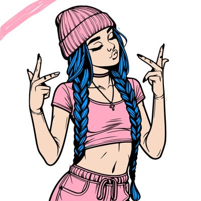 realistic teenage girl with braids and a beanie and crop top doing 🫶🏼