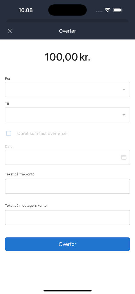 Lollands Bank mobile app screen for transferring money showing fields for account selection and transfer amount