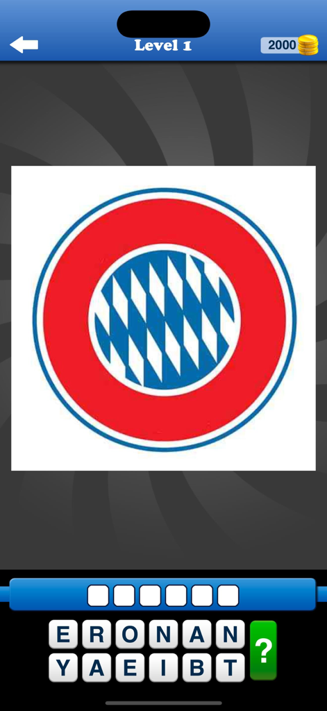 Whats the Badge? Football Quiz - Mobile game screenshot showing level 1 of the football badge quiz with the Bayern Munich logo