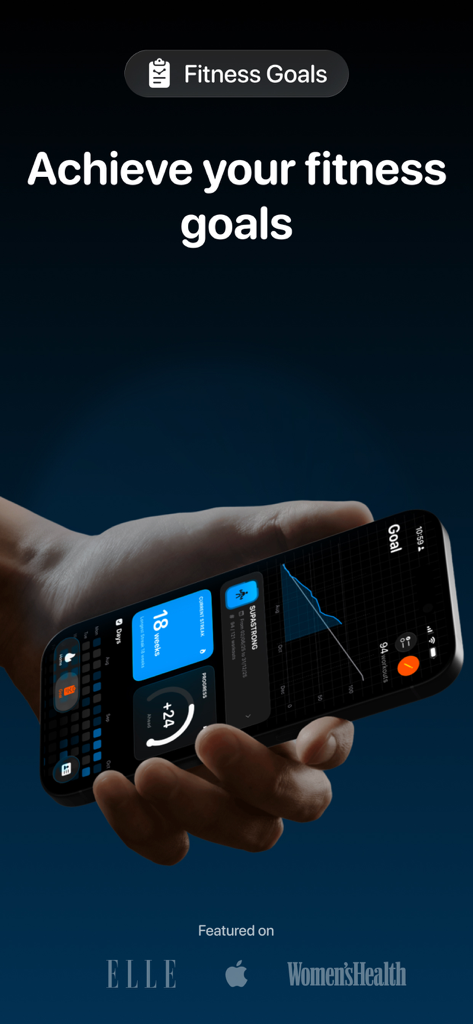 FitWoody: Health Tracker - Uma mão segurando um smartphone exibindo o painel do aplicativo FitWoody health tracker com metas de fitness e recursos de mídia da Elle e Womens Health