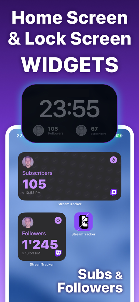 Stream Tracker for Twitch Live - Stream Tracker for Twitch app showing iOS home and lock screen widgets for subscriber and follower tracking
