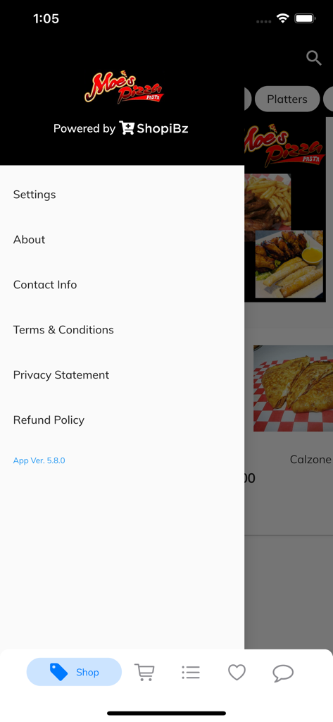 Menú de navegación lateral en la app Moes Pizza que muestra opciones de configuración, información de contacto y políticas