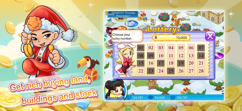 Richman 4 Fun Lite gameplay screenshot showing a lottery mini game with chibi characters