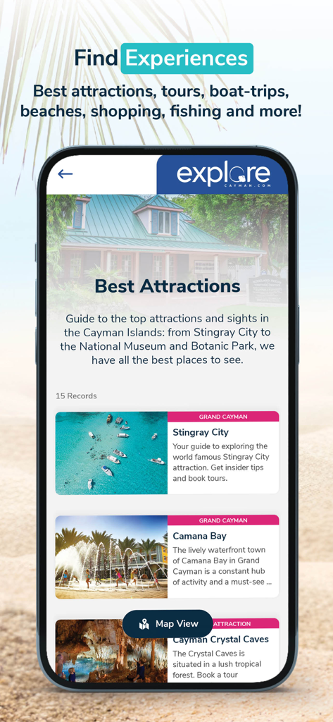 Explore Cayman - Mobile app interface for Explore Cayman showing local attractions like Stingray City and Camana Bay.