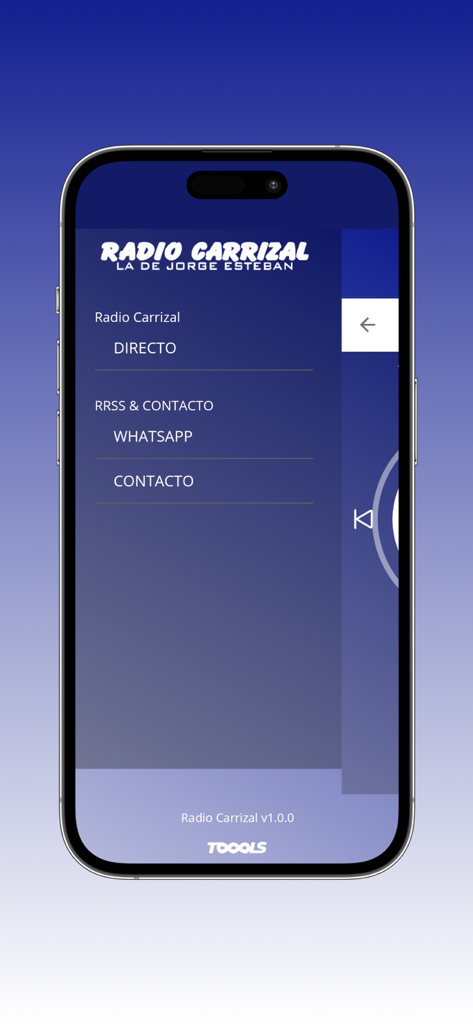 Seitenmenü der Radio Carrizal FM App mit Optionen für Live-Stream und Kontaktaufnahme über soziale Medien