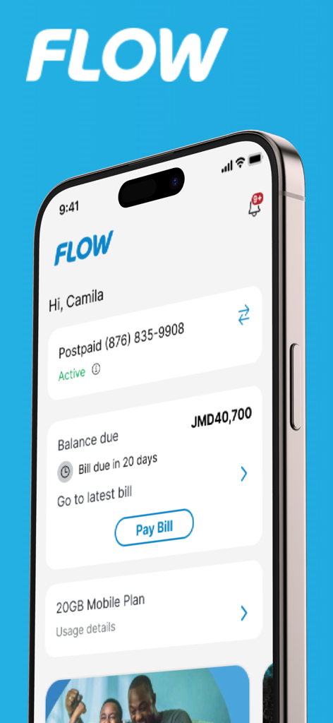 Smartphone screen displaying the My Flow Self Care app dashboard with postpaid account balance and bill payment options