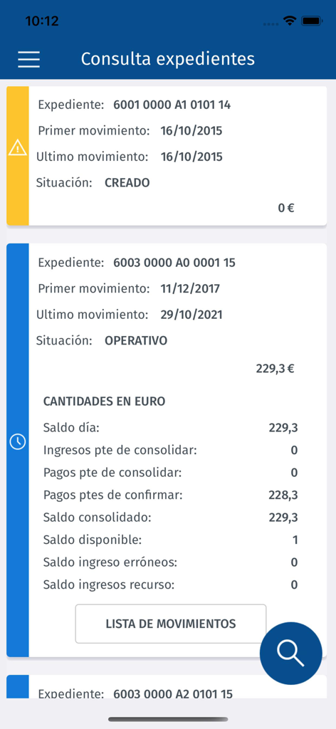 CDCJ Justicia - Interfaz de aplicación móvil que muestra saldos financieros y el historial de transacciones de una cuenta de depósito judicial