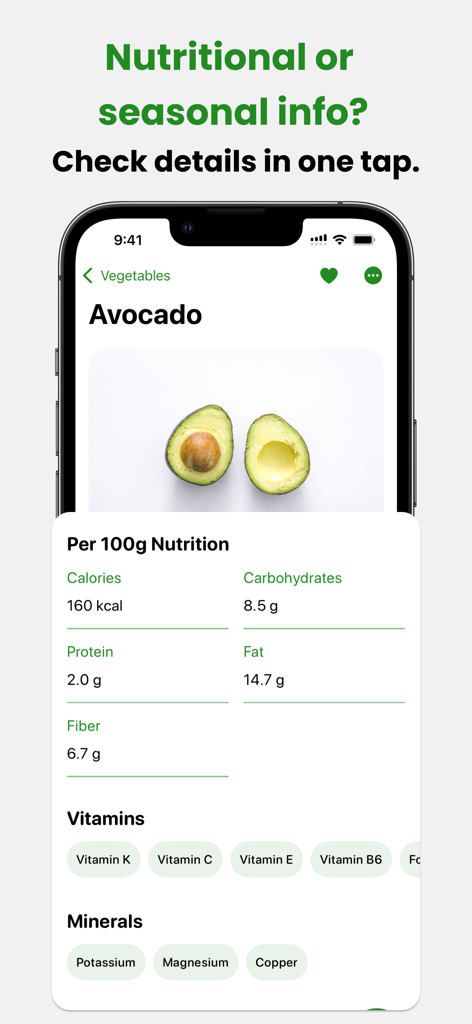 Vegetable Identifier: AI Scan - アボカドの栄養成分とビタミンを示すモバイルアプリのインターフェース。