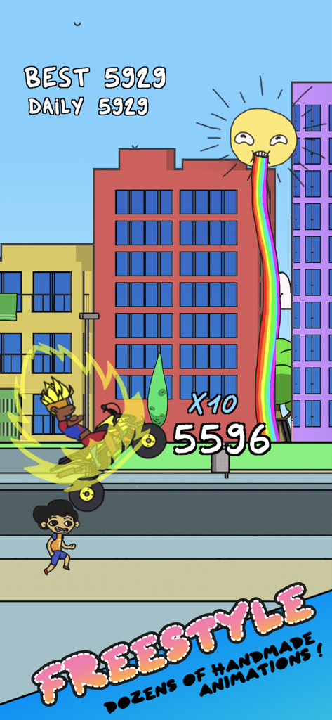A character performing a motorcycle wheelie stunt in a colorful urban cartoon environment with a sun vomiting a rainbow.
