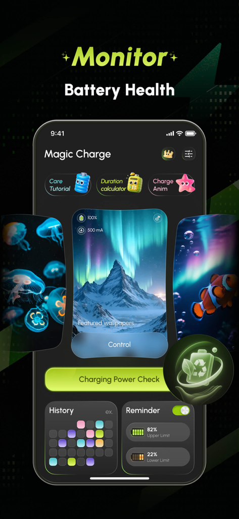 Battery Care plus app interface showing battery health monitoring and custom charging wallpapers