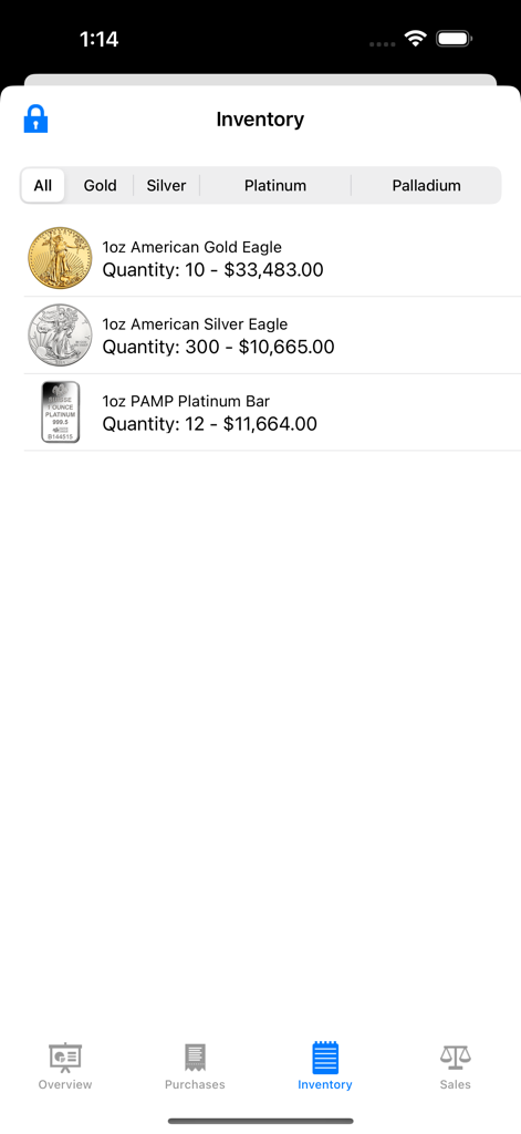 Gold Tracker - Mobile app screen showing inventory of gold silver and platinum coins and bars