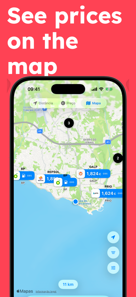 PortuGAS - Fuel Prices PT - Uno schermo di smartphone che mostra la vista mappa dell'app PortuGAS con i prezzi del carburante per le stazioni di servizio in Portogallo