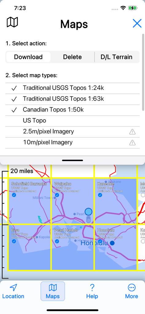 Topo Maps 2 - Topo Maps 2 app screen showing selection of USGS and Canadian topographical maps for offline download