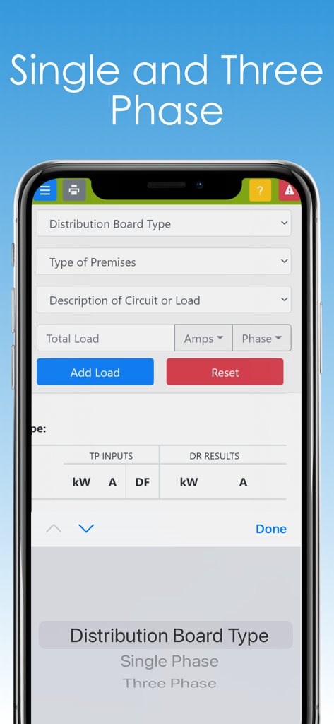 Interface of the Diversity Calculator app showing options for single and three phase distribution board selection.