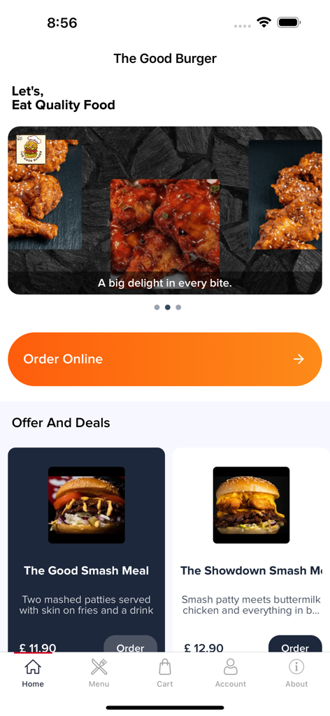 The Good Burger - Pantalla de inicio de la app móvil The Good Burger mostrando ofertas de comidas y botón de pedido en línea
