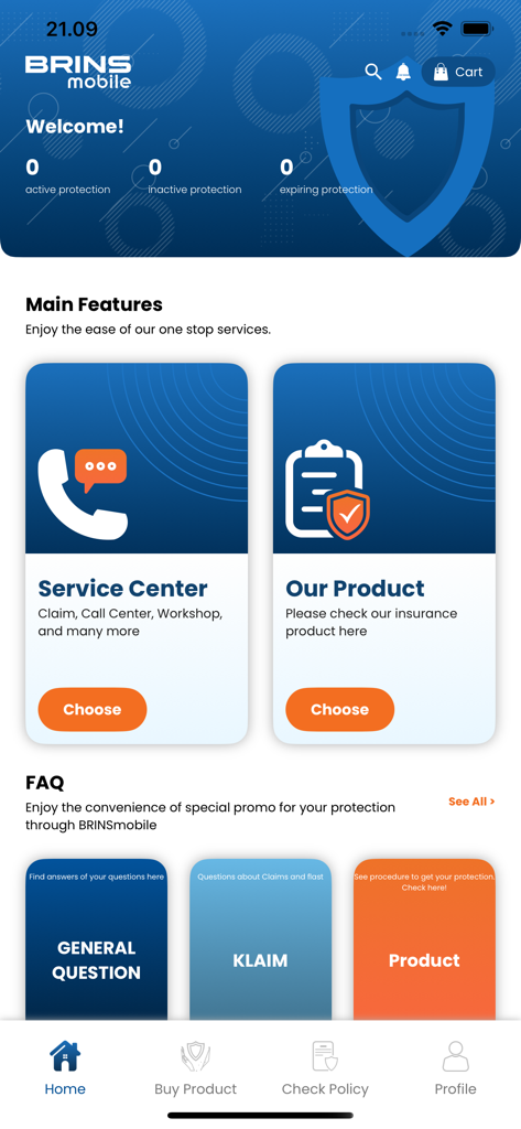 BRINS MOBILE - User dashboard of the BRINS MOBILE app featuring service center options and insurance product categories.