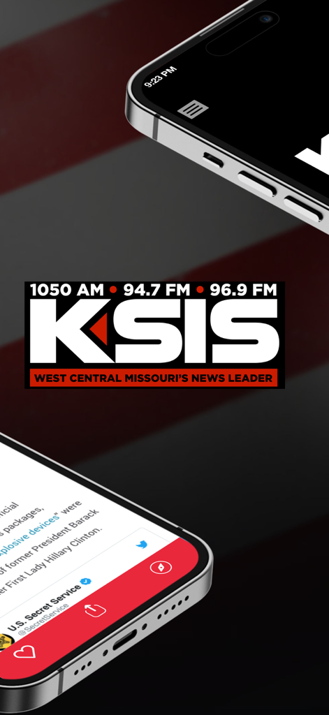 KSIS Radio app interface on smartphones for local Sedalia Missouri news