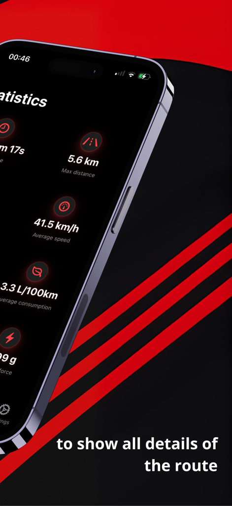 Schermata dell'app RaceTrack che visualizza statistiche dettagliate sulle prestazioni come velocità media e distanza