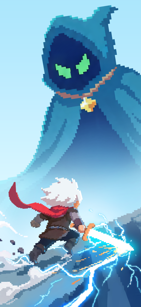 Dicero! - 光る稲妻の剣を持ったピクセルアートのヒーローが、フードをかぶった巨大なボスに立ち向かう