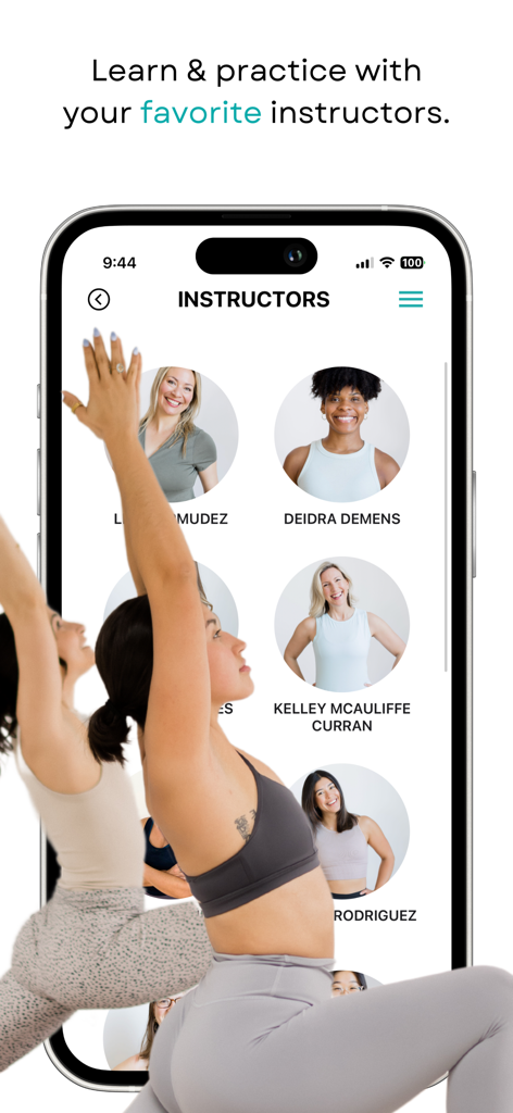 YogaRenew | Yoga At Home - Smartphone screen from YogaRenew app listing various yoga instructors for online classes